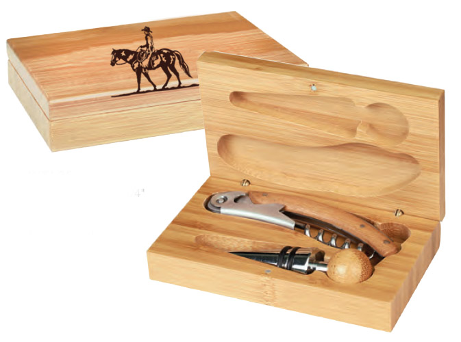 Personalized bamboo wine tools gift set with engraved rodeo design.