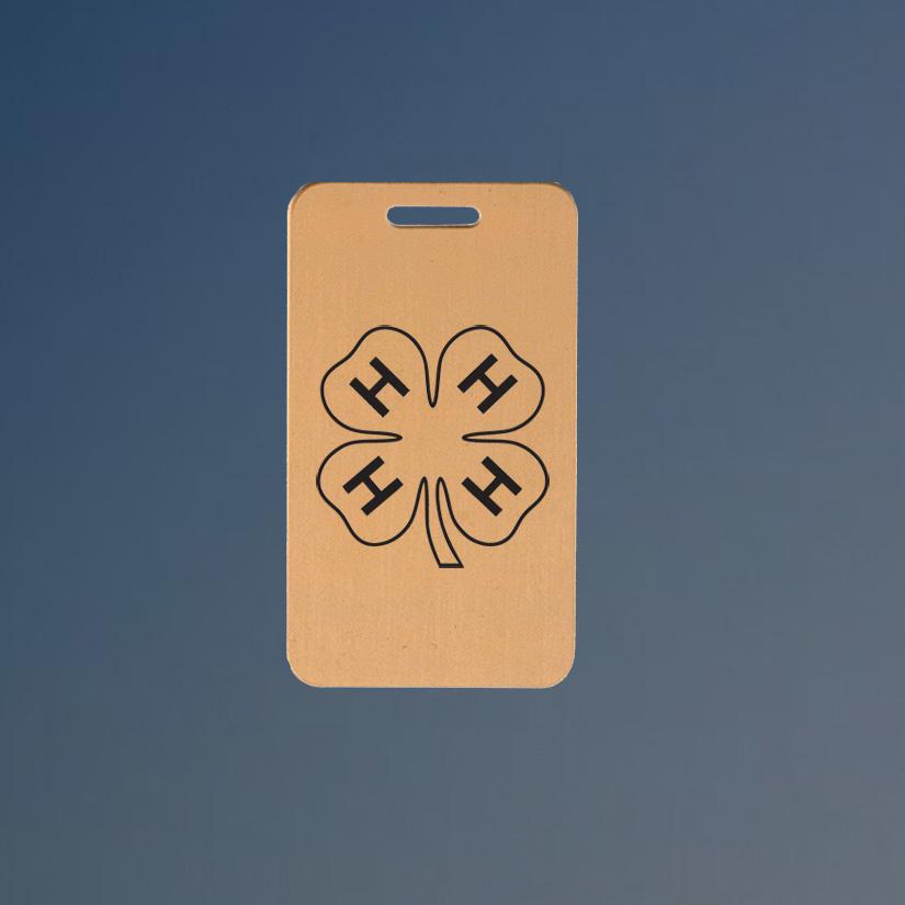 Solid brushed brass 4-H luggage tag with engraved text and 4-H logo design of your choice. 6+ 4-H logos to choose from.