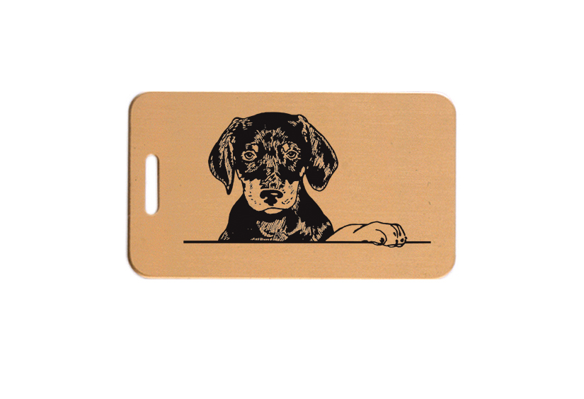 Solid brushed brass luggage ID tag with engraved text and Doberman design image of your choice. Doberman Luggage Tag