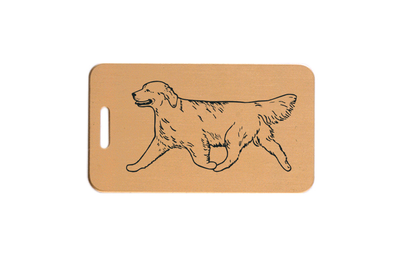 Solid brushed brass luggage ID tag with engraved text and Golden Retriever design image of your choice. Golden Retriever Luggage Tag