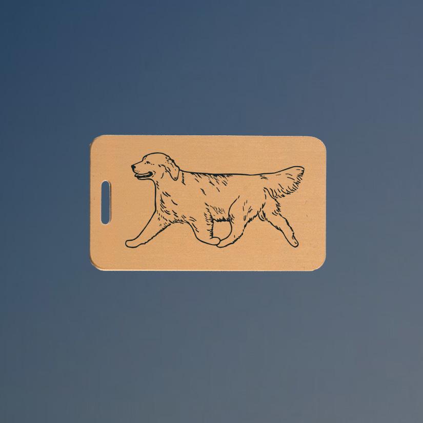Brass golden retriever luggage tag with engraved text and golden retriever design image of your choice. 80+ Golden Retriever designs to choose from.
