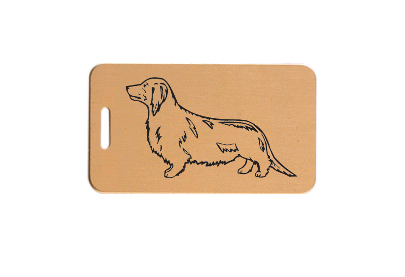 Solid brushed brass luggage ID tag with engraved text and herding dog design image of your choice. Dog Luggage Tag