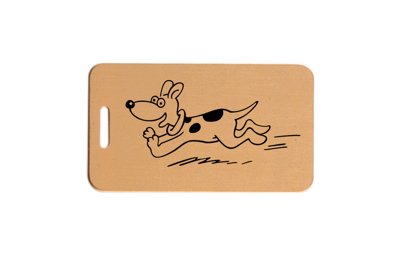 Solid brushed brass luggage ID tag with engraved text and dog design 2 of your choice. Dog Design Luggage Tag
