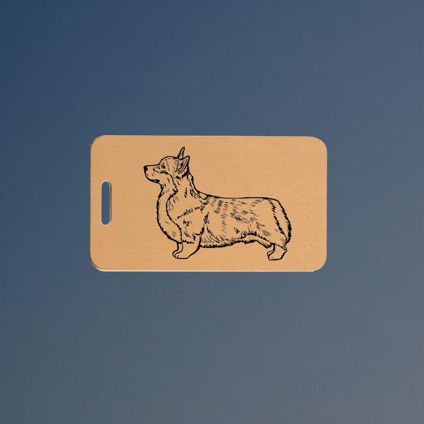 Solid brushed brass corgi luggage tag with engraved text and corgi design image of your choice. 100+ corgi designs to choose from.