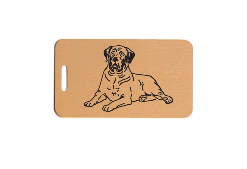 Solid brushed brass luggage ID tag with engraved text and dog design 4 of your choice. Dog Luggage Tag