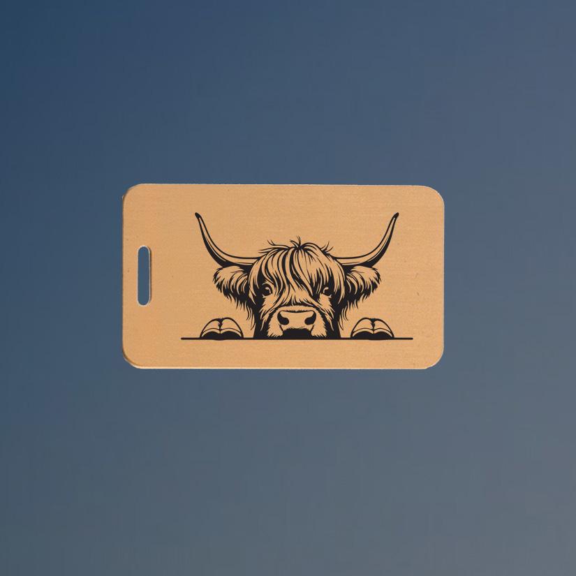 Solid brushed brass farm animal luggage tag with engraved text and farm animal design of your choice. 100+ farm animal designs to choose from.