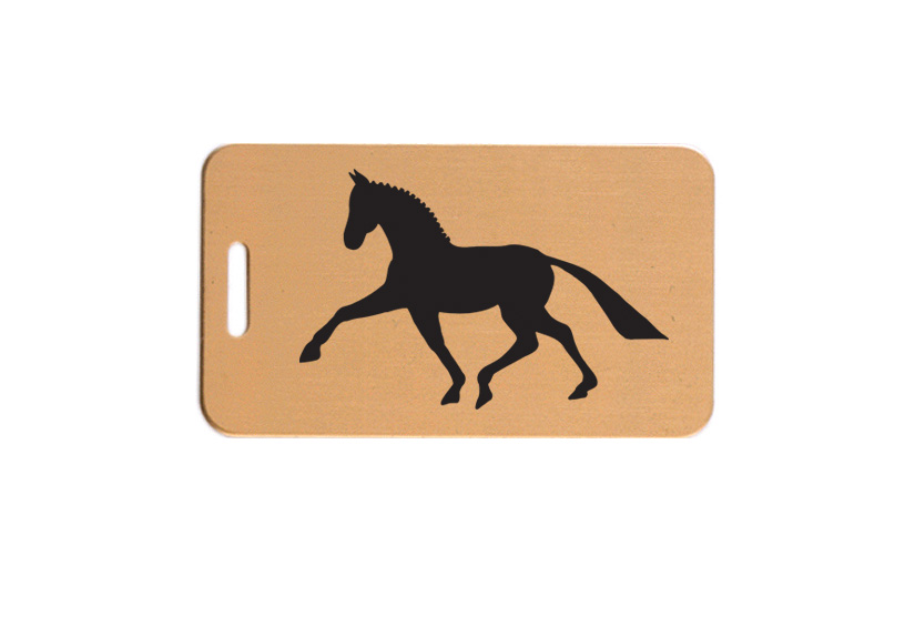 Solid brushed brass luggage ID tag with engraved text and horse design image of your choice. Horse Luggage Tag