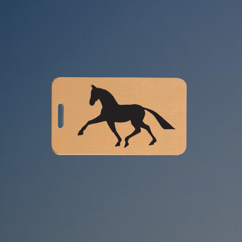 Solid brushed brass horse luggage tag with engraved text and horse design of your choice. 145+ horse designs to choose from.