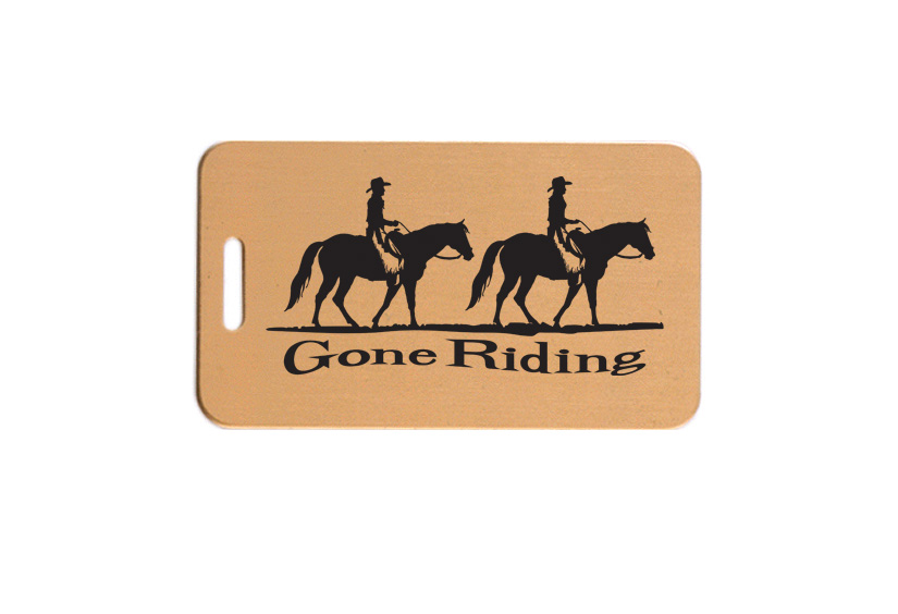 Solid brushed brass luggage ID tag with engraved text and horse design 3 image of your choice. Horse Luggage Tag