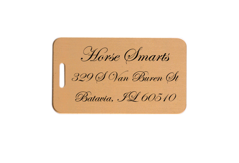 Solid brushed brass luggage ID tag with engraved text of your choice. Personalized Luggage Tag