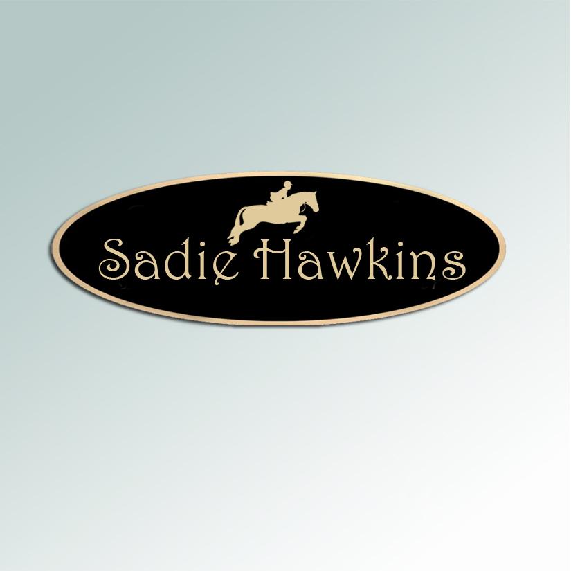 Engraved black brass horse silhouette tack trunk nameplate for your small tack trunk or grooming box. 85+ horse silhouettes to choose from.